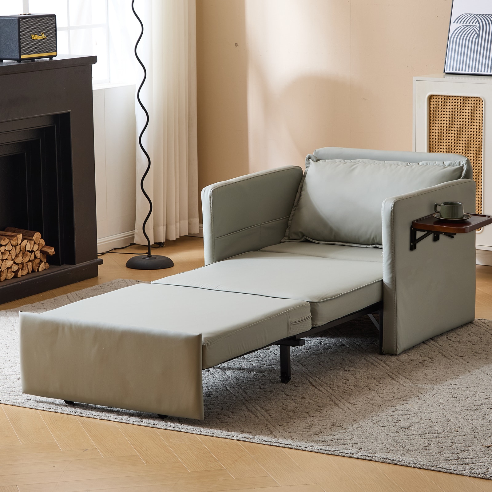 Sleeper Chair Bed, 3-in-1 Convertible Sofa Bed Pull-out Sofa Bed, Convenient Folding Tray Table With USB And Type-C Charging Ports,Grey,Leather_voghion.com